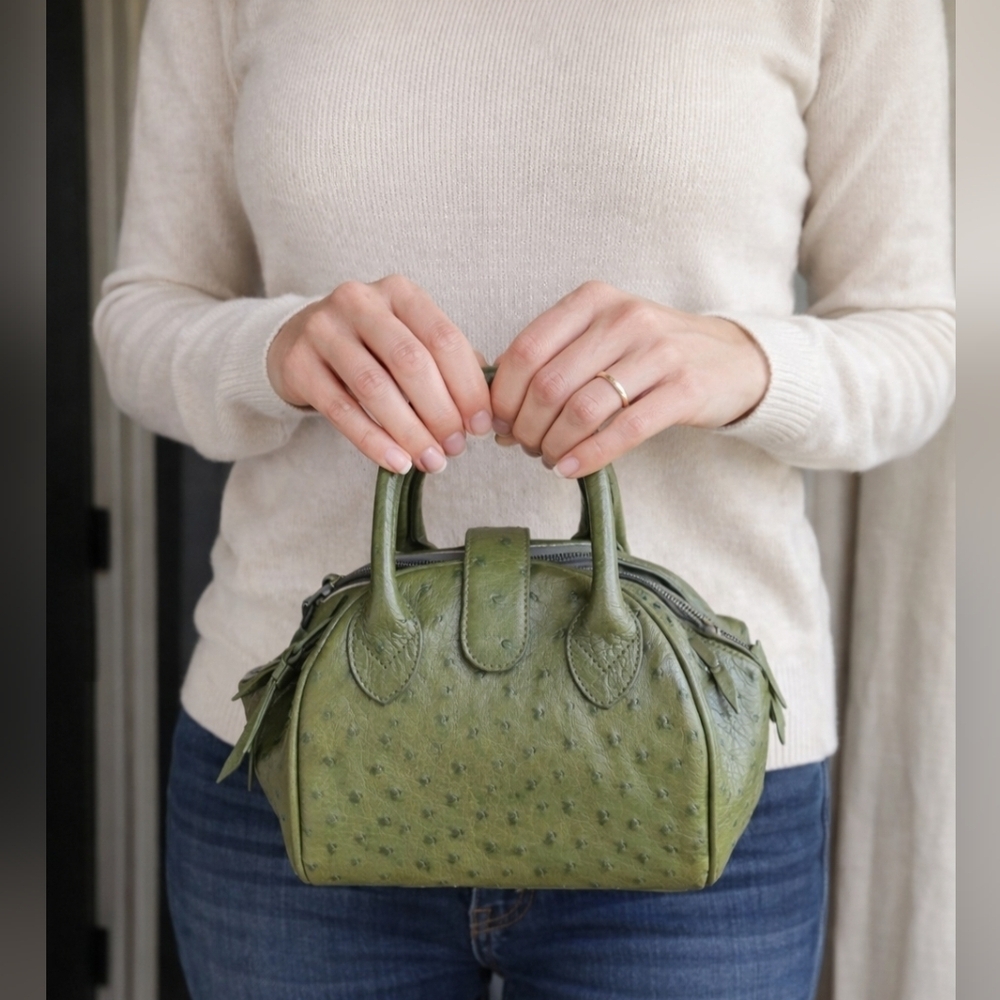 WEL JAPAN Rare OSTRICH Exotic Leather Military Green Handbag Tokyo